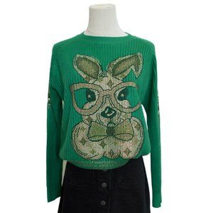 NINA‎ COCO Green NWT Ribbed Crewneck Shiny Metallic Rabbit Glasses Sweater Sz S